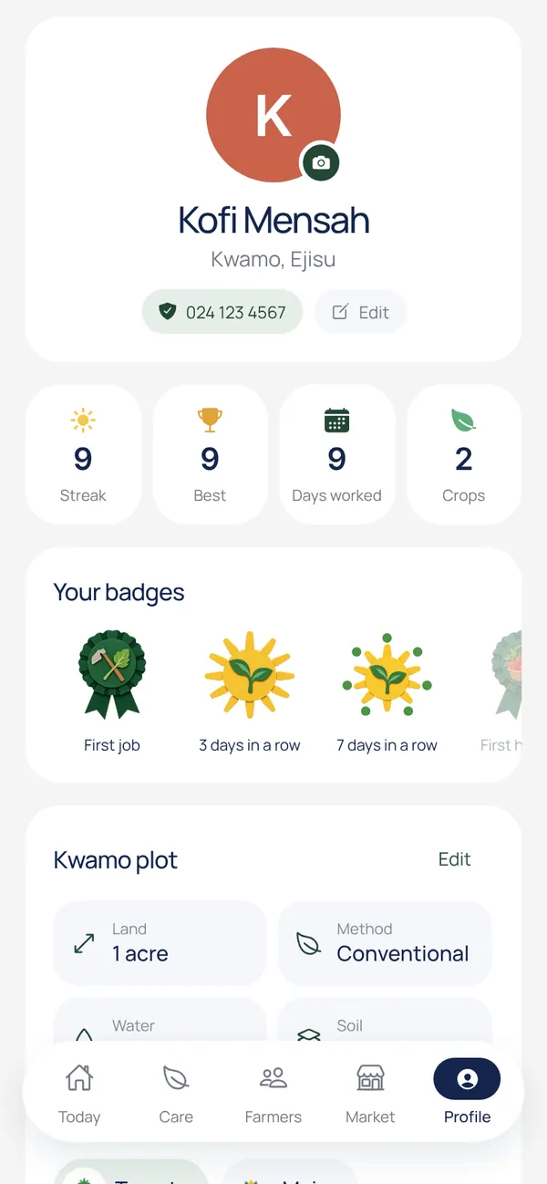The profile screen with a streak, days worked and badges